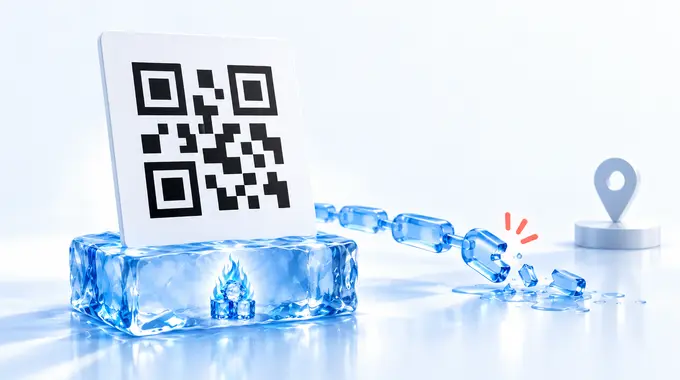 A printed QR code passing through a permanent route while a redirect route reaches an expiry barrier.